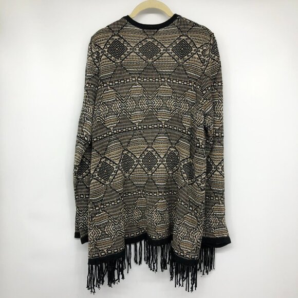 TanJay  Tan / Brown Abstract Print Open Cardigan Fringe hem size M - Picture 2 of 16